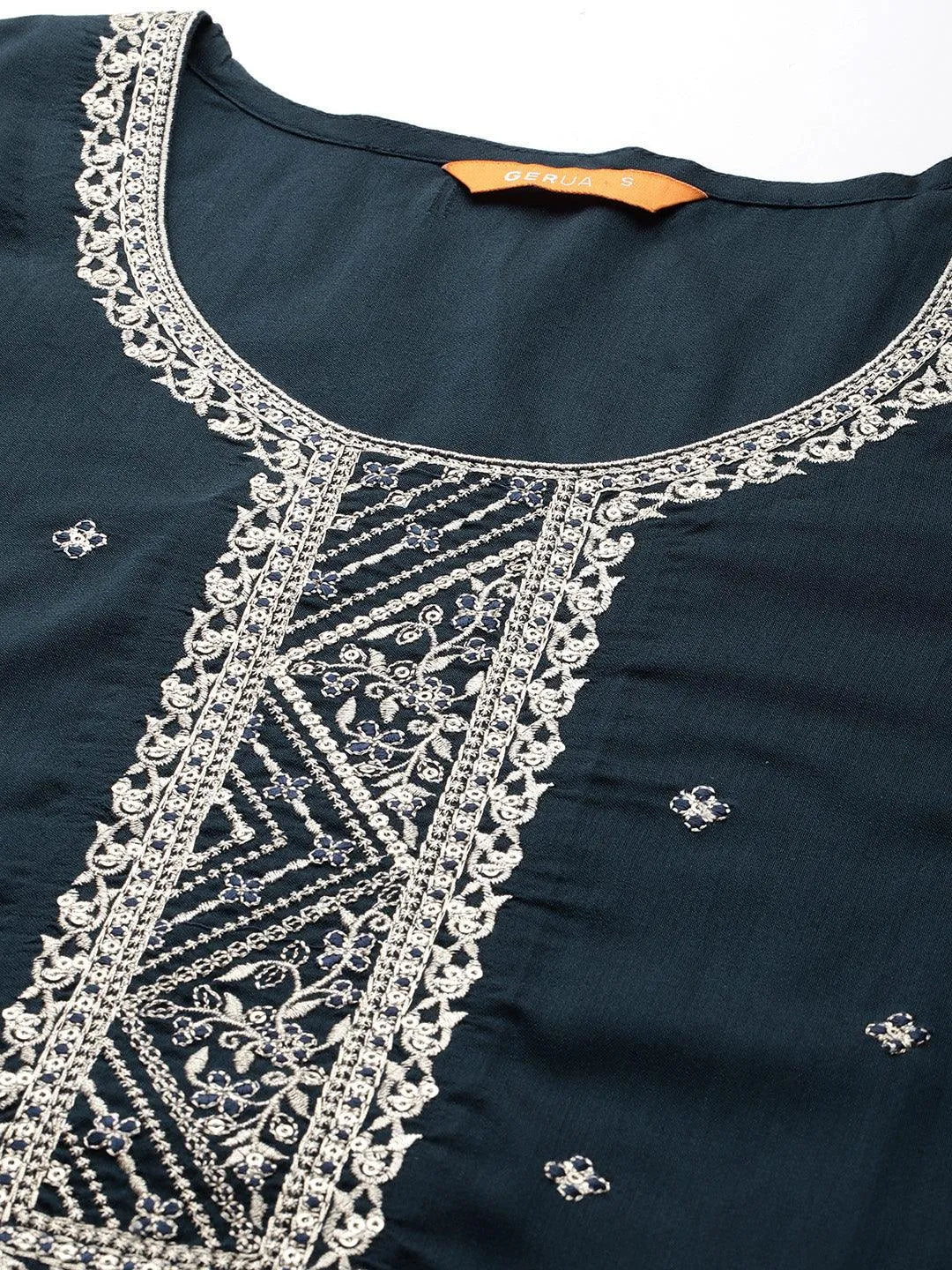 Anouk Blue Embroidered Silk Blend Straight Suit With Dupatta