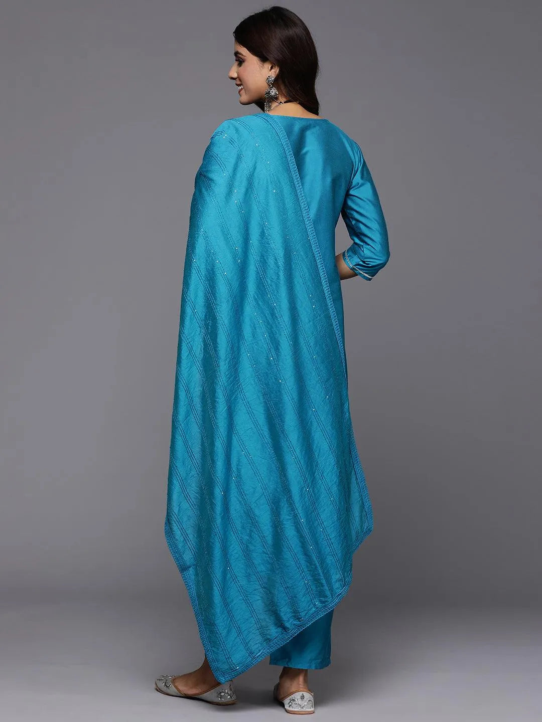 Anouk Blue Embroidered Silk Blend Straight Suit With Dupatta