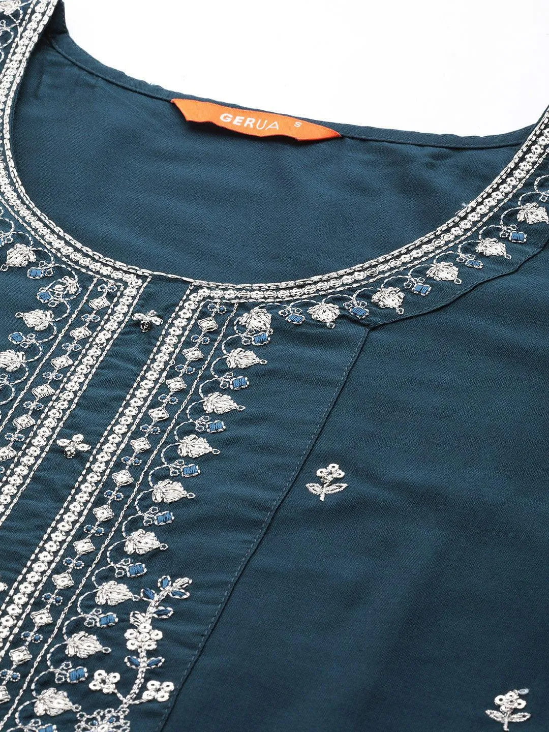 Anouk Blue Embroidered Silk Blend Straight Suit With Dupatta