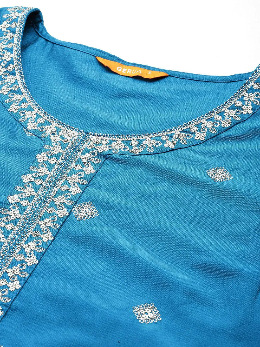 Anouk Blue Embroidered Silk Blend Straight Suit With Dupatta