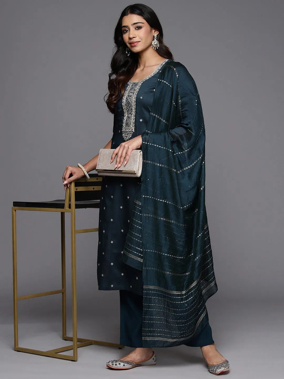 Anouk Blue Embroidered Silk Blend Straight Suit With Dupatta
