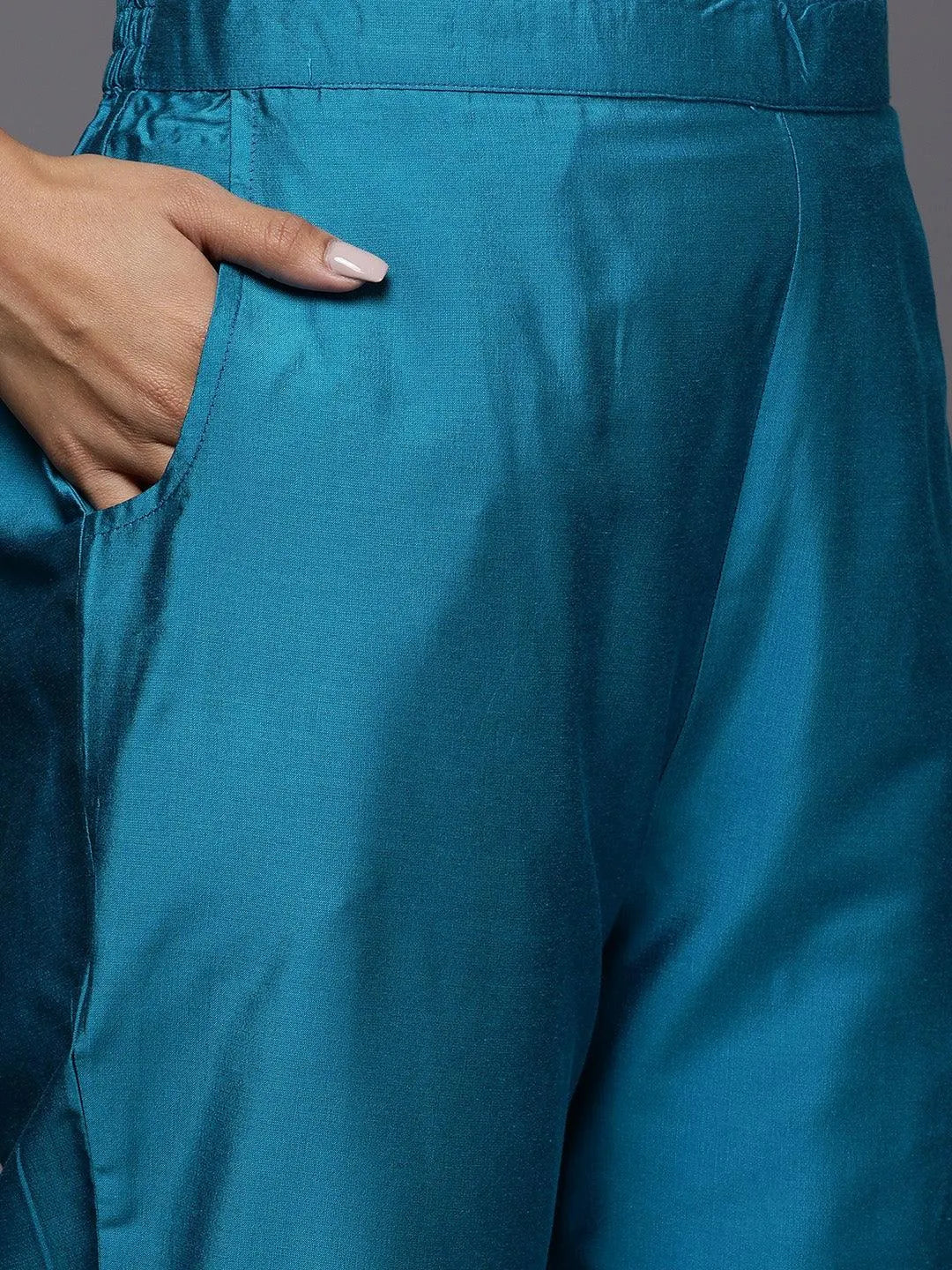 Anouk Blue Embroidered Silk Blend Straight Suit With Dupatta