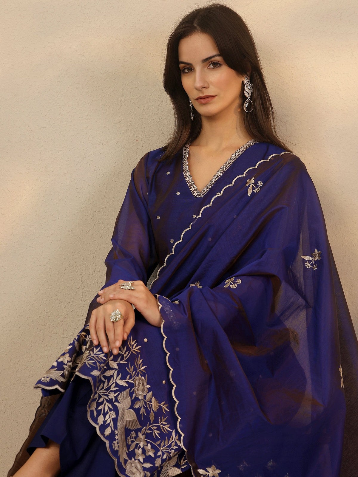Anouk Blue Embroidered Silk Blend Straight Suit Set With Dupatta