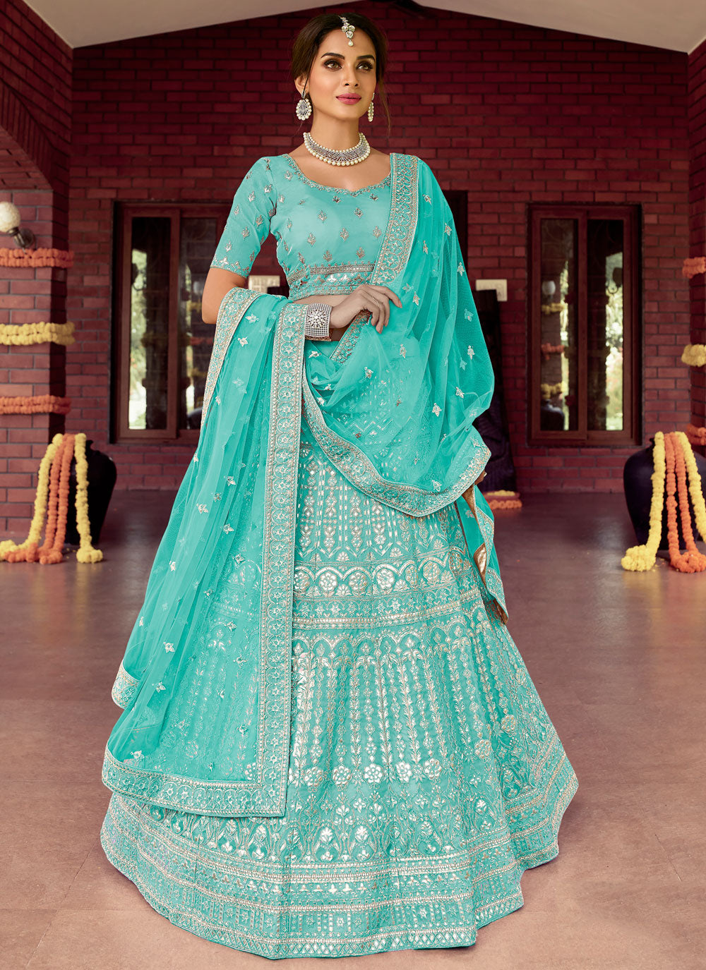 Blue Embroidered Organza Semi Stitched Lehenga