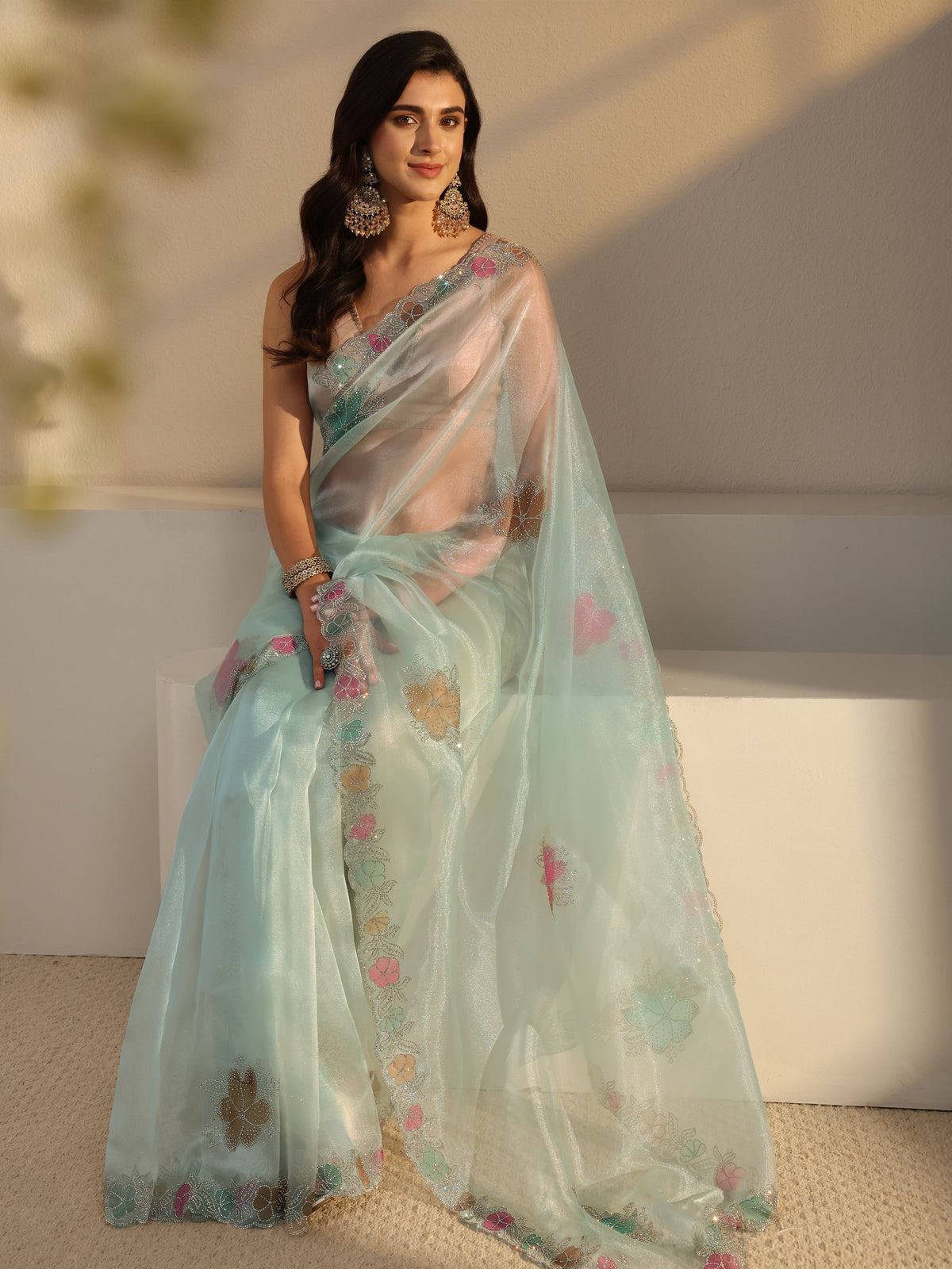 Anouk Blue Floral Embellished Organza Saree With Unstitched Blouse Piece