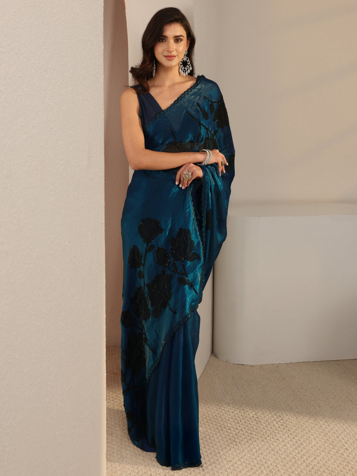 Anouk Blue Floral Embellished Tissue Saree With Unstitched Blouse Piece