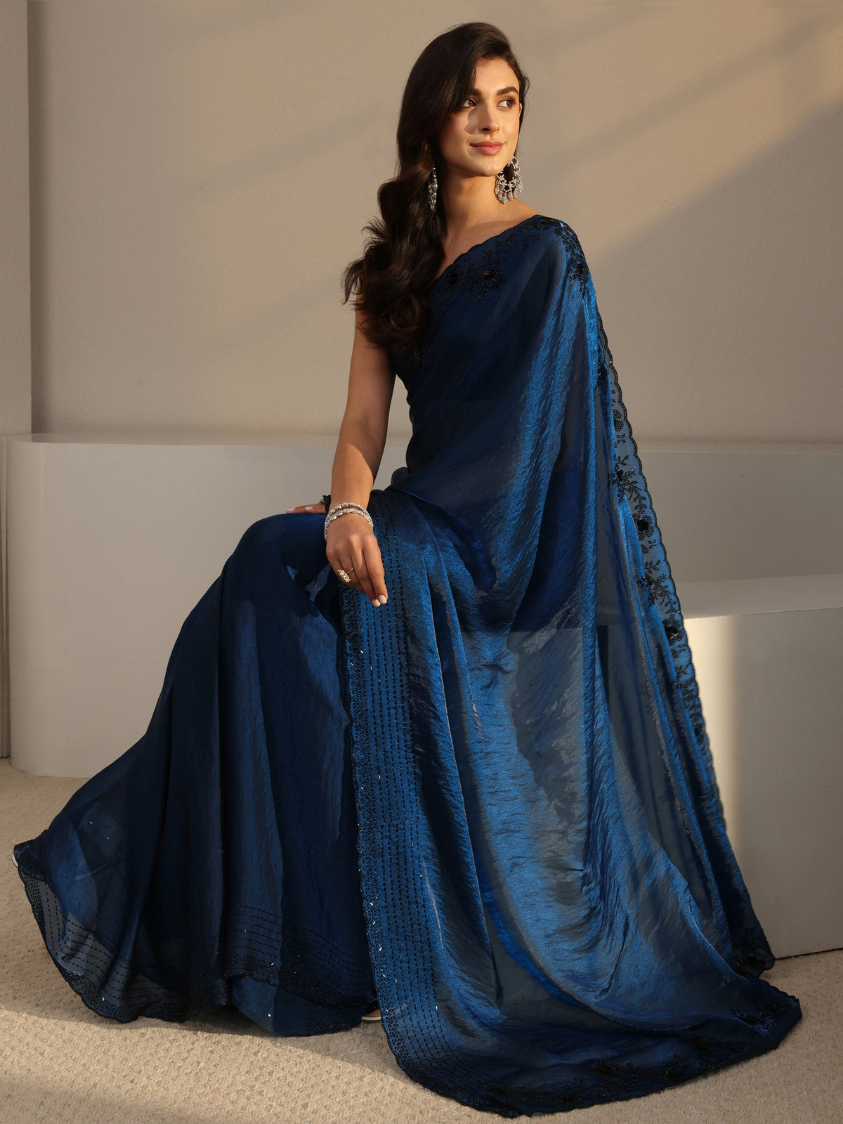 Anouk Blue Floral Embellished Tissue Saree With Unstitched Blouse Piece