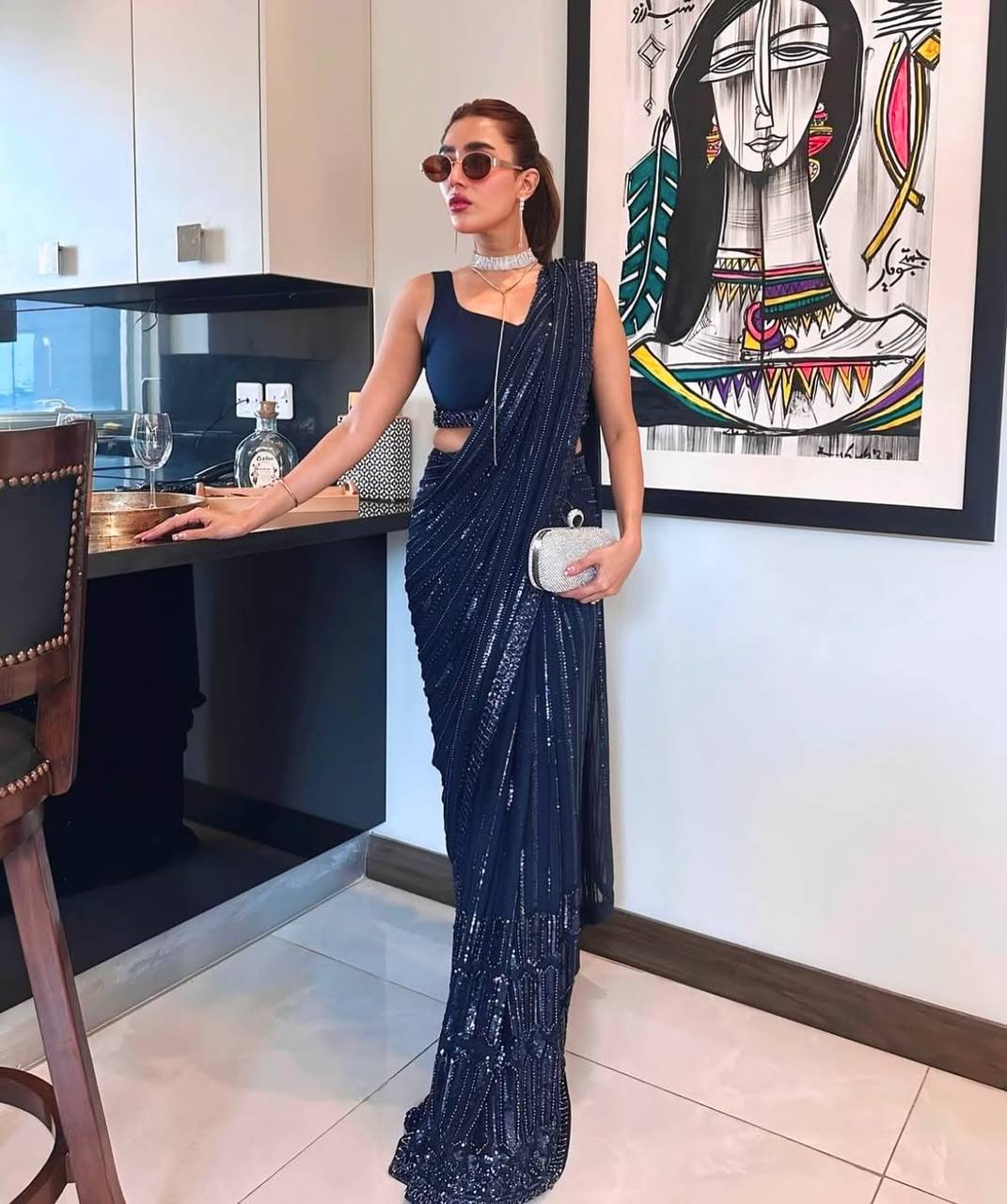Blue Georgette Saree with Sequins, Thread & Dori Work with Japan Satin Blouse Piece