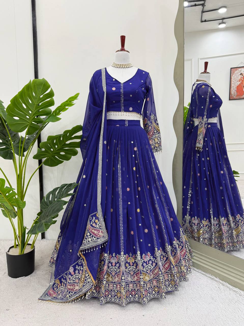 Blue Glamorous Faux Georgette Lehenga Set with Sequins & Thread Embroidery