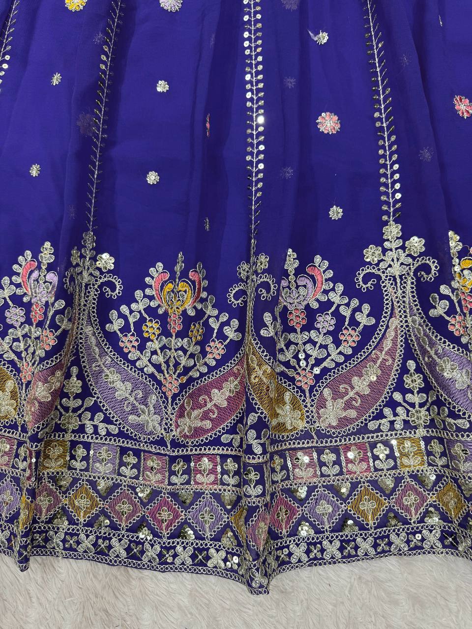 Blue Glamorous Faux Georgette Lehenga Set with Sequins & Thread Embroidery
