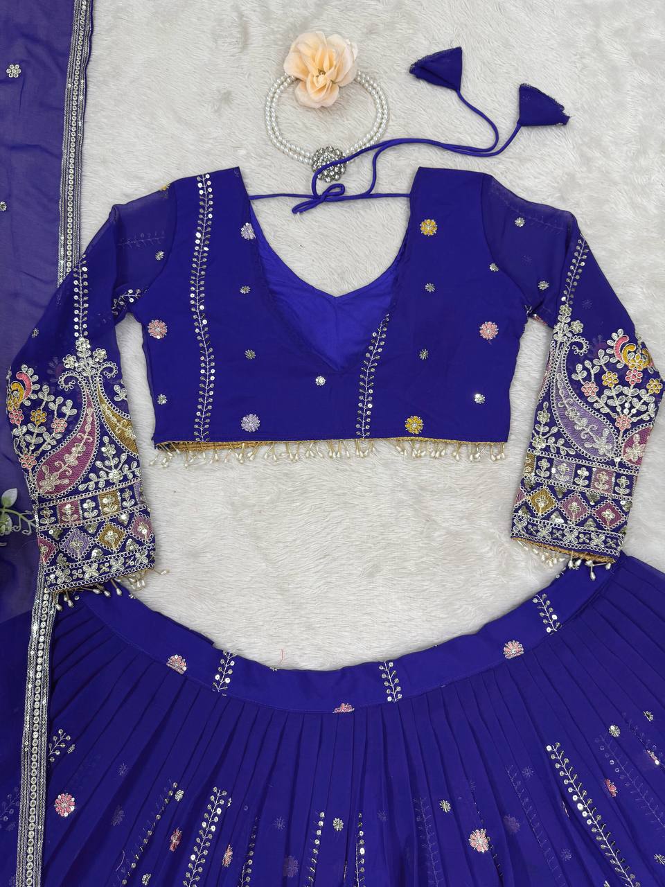 Blue Glamorous Faux Georgette Lehenga Set with Sequins & Thread Embroidery