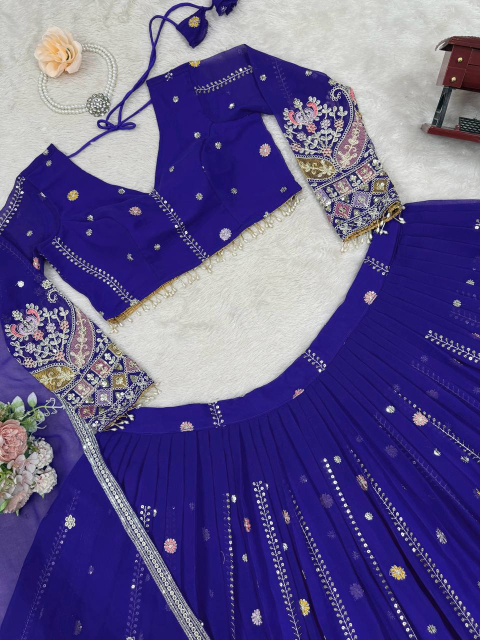 Blue Glamorous Faux Georgette Lehenga Set with Sequins & Thread Embroidery
