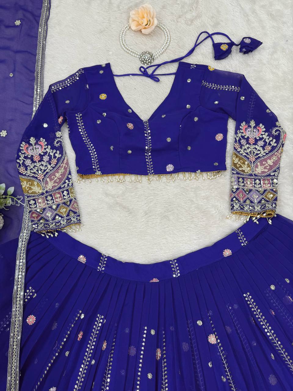 Blue Glamorous Faux Georgette Lehenga Set with Sequins & Thread Embroidery