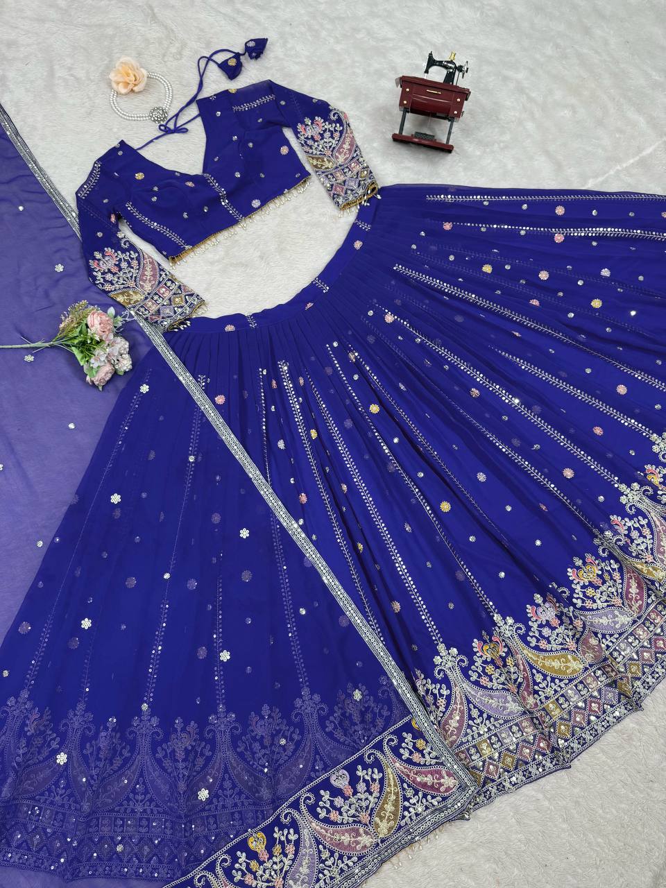 Blue Glamorous Faux Georgette Lehenga Set with Sequins & Thread Embroidery