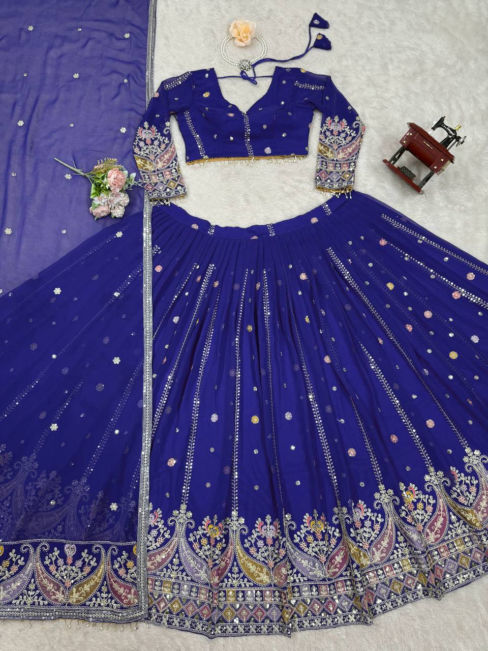 Blue Glamorous Faux Georgette Lehenga Set with Sequins & Thread Embroidery