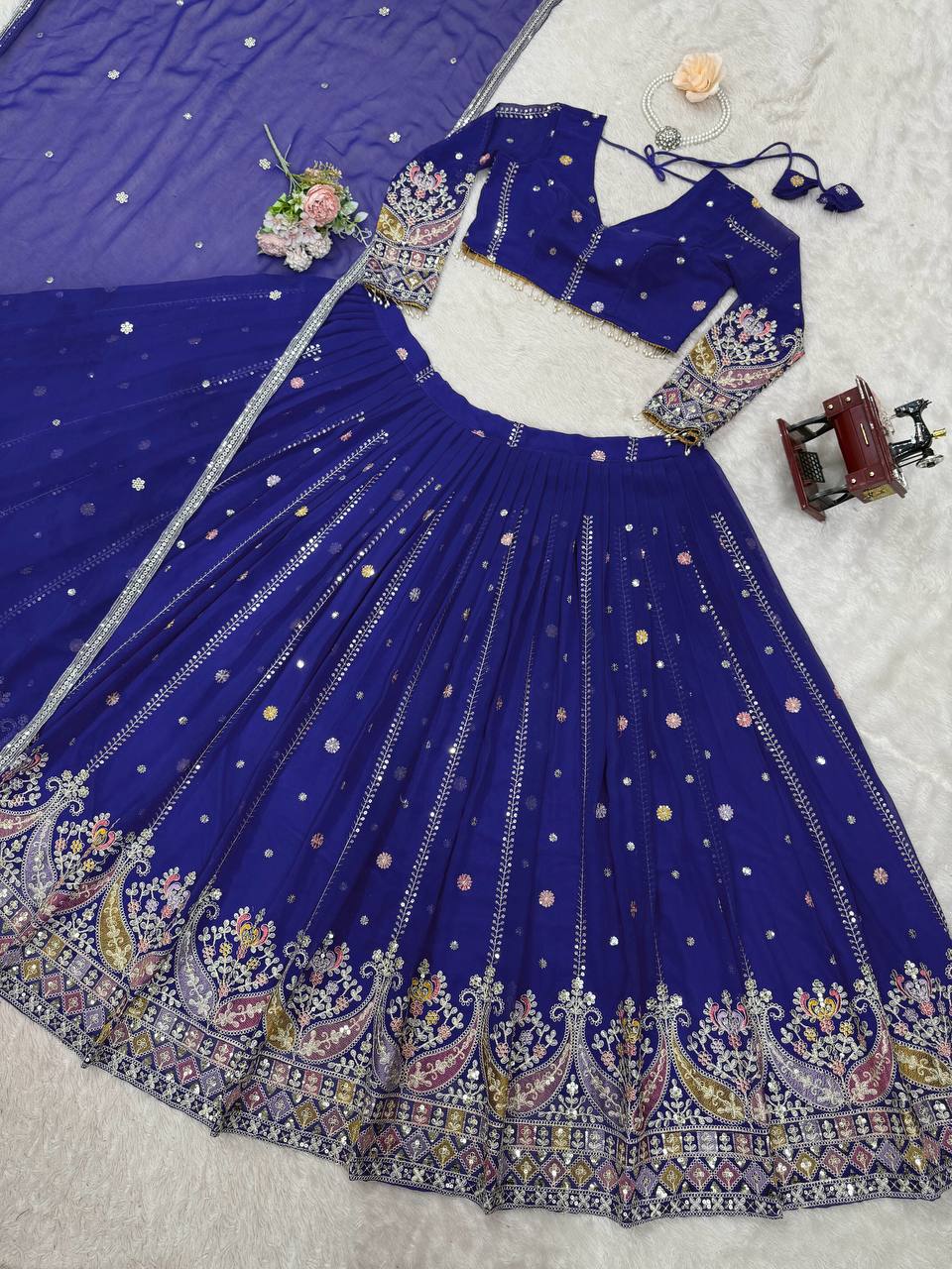 Blue Glamorous Faux Georgette Lehenga Set with Sequins & Thread Embroidery