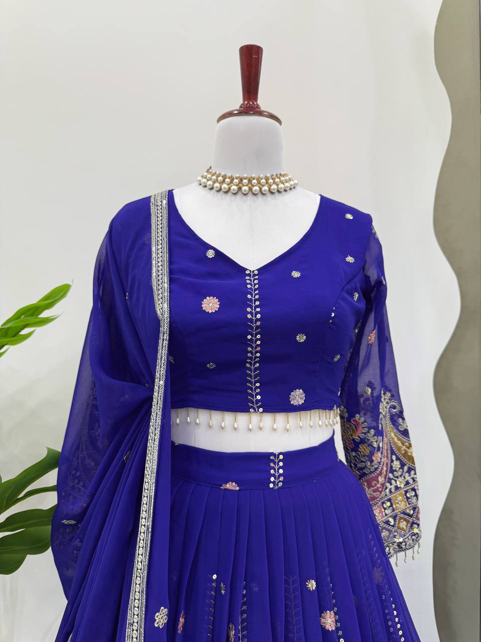 Blue Glamorous Faux Georgette Lehenga Set with Sequins & Thread Embroidery