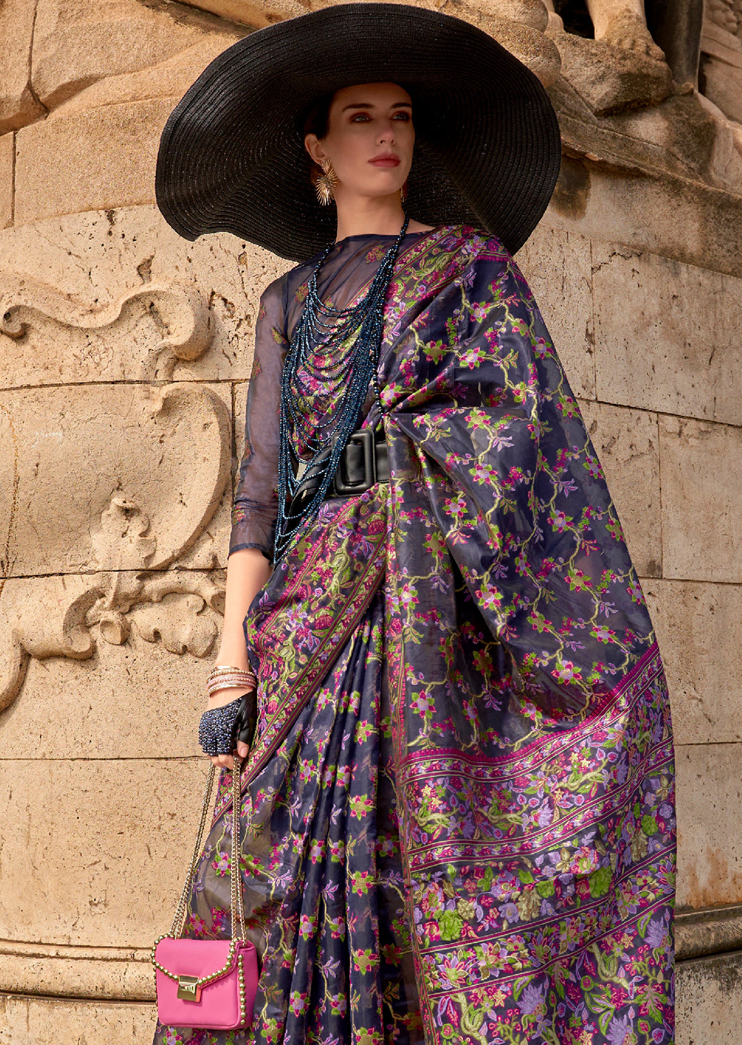 Blue Graceful Organza Silk Parsi Handloom Weaving Saree with Blouse Piece