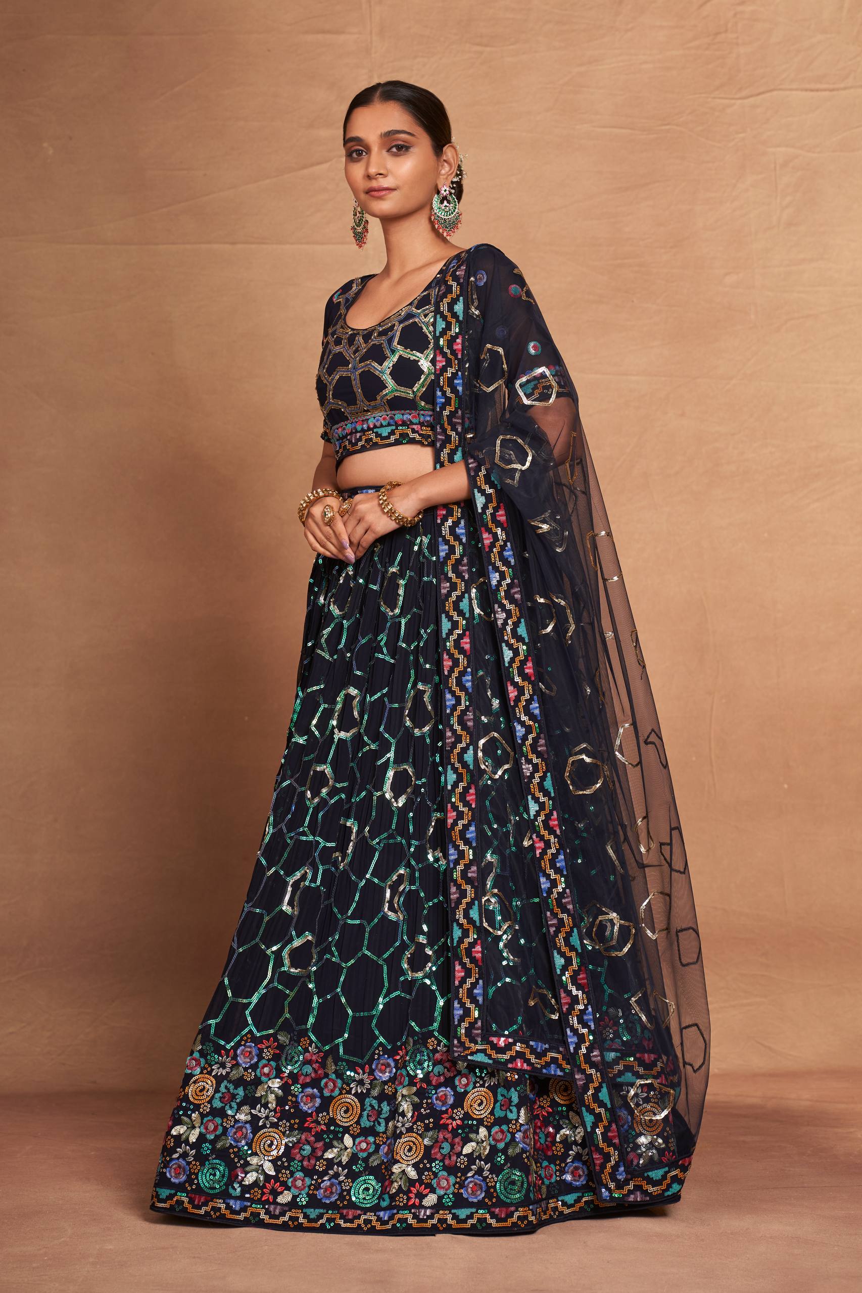 Blue Heavy Georgette Embroidered Lehenga Choli Set with Sequins & Net Dupatta