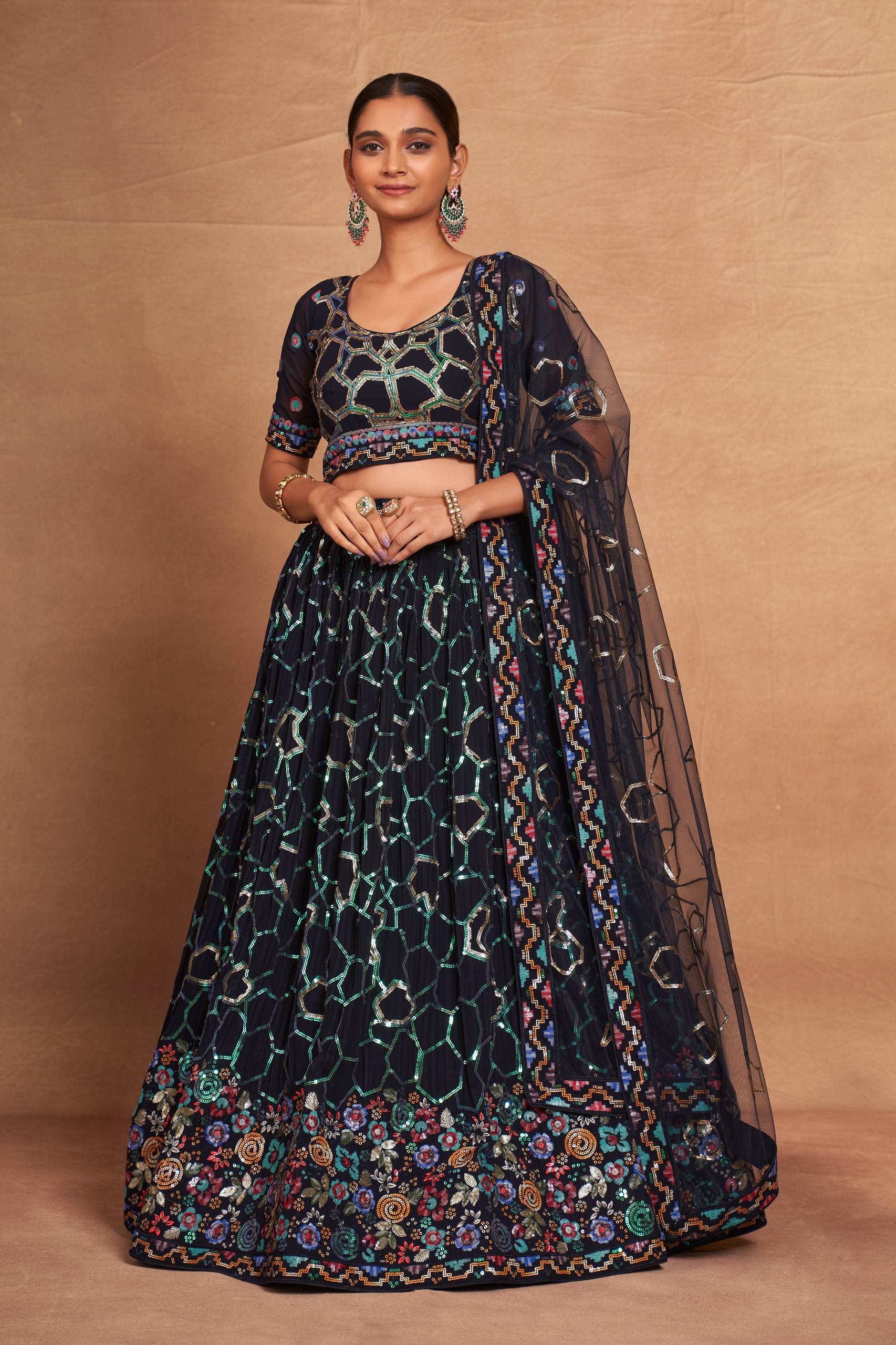 Blue Heavy Georgette Embroidered Lehenga Choli Set with Sequins & Net Dupatta