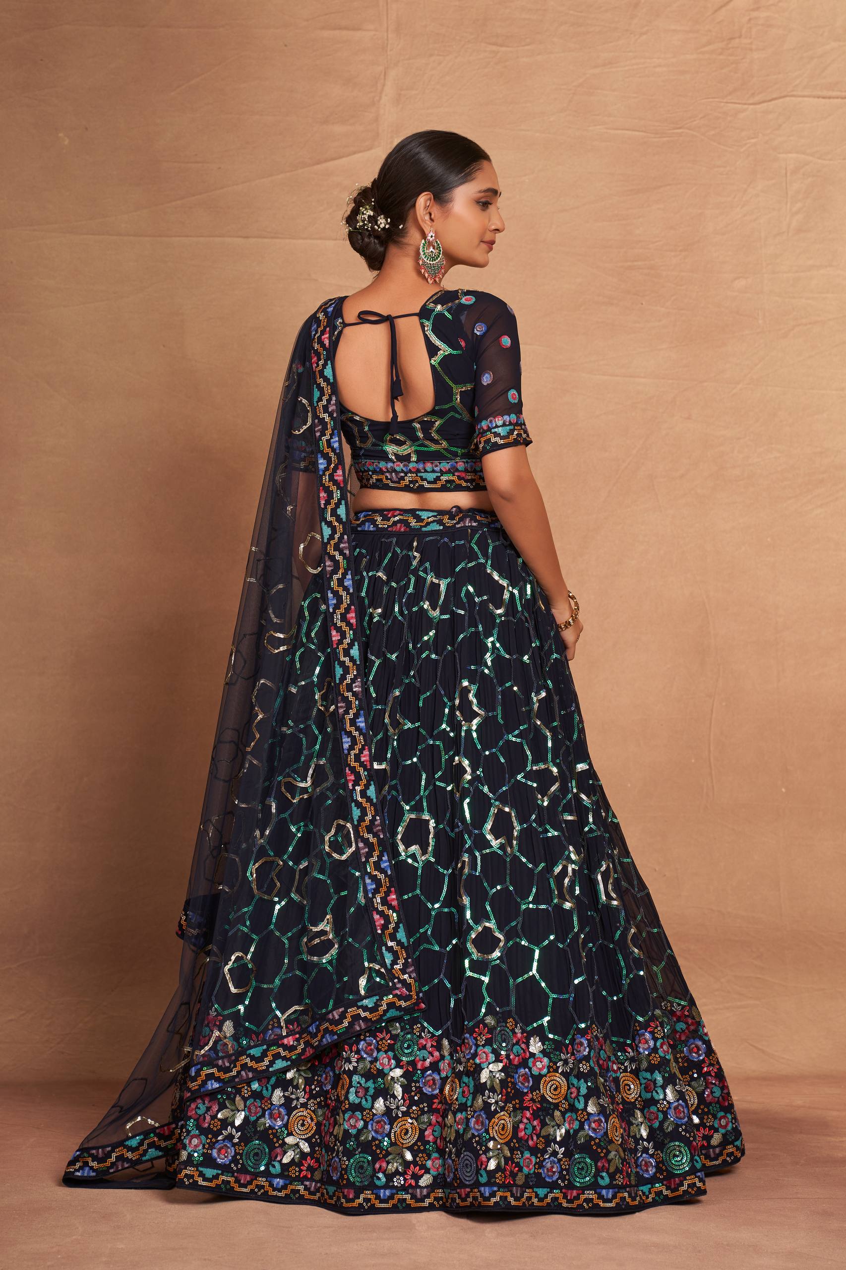 Blue Heavy Georgette Embroidered Lehenga Choli Set with Sequins & Net Dupatta