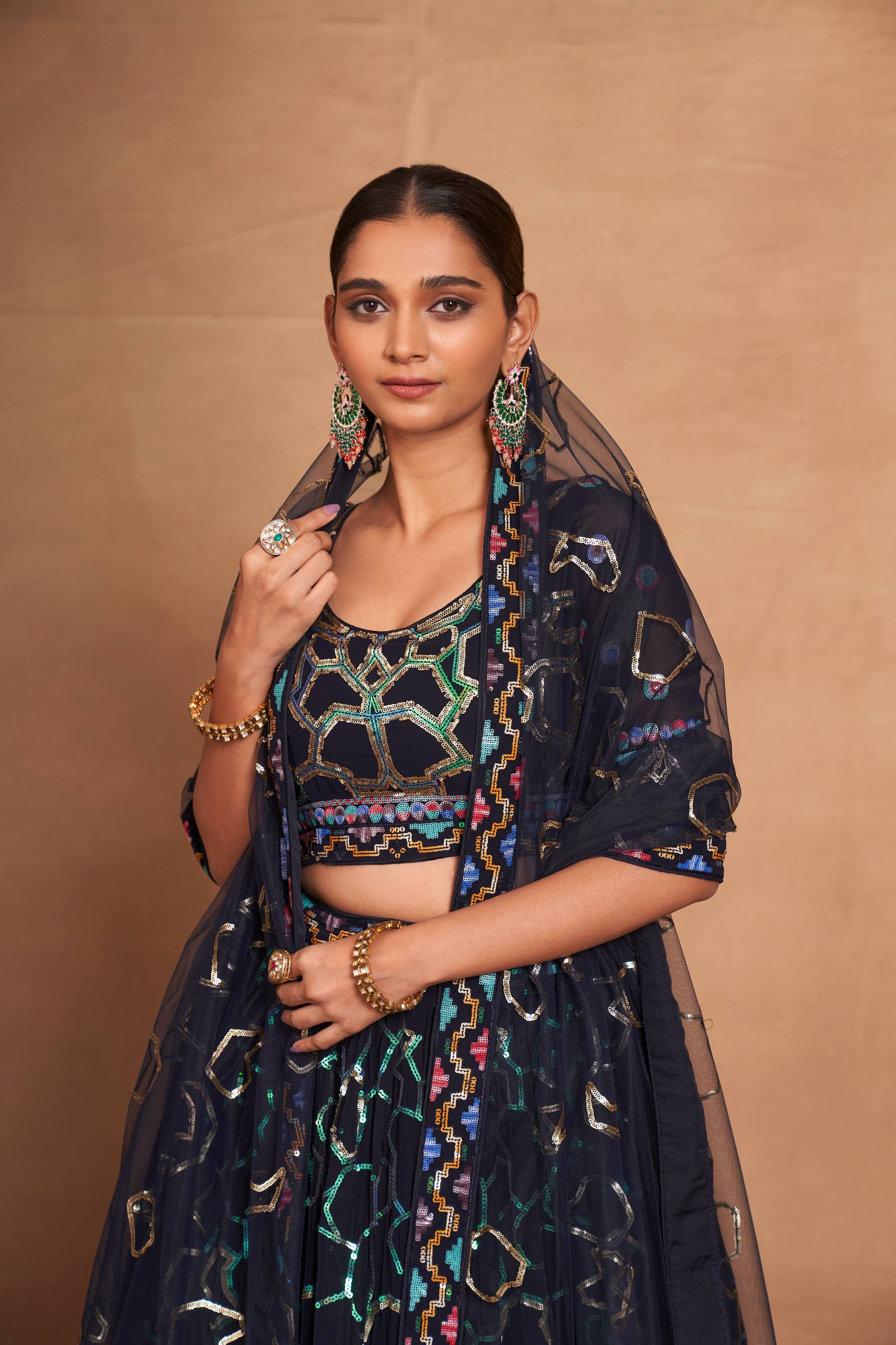 Blue Heavy Georgette Embroidered Lehenga Choli Set with Sequins & Net Dupatta