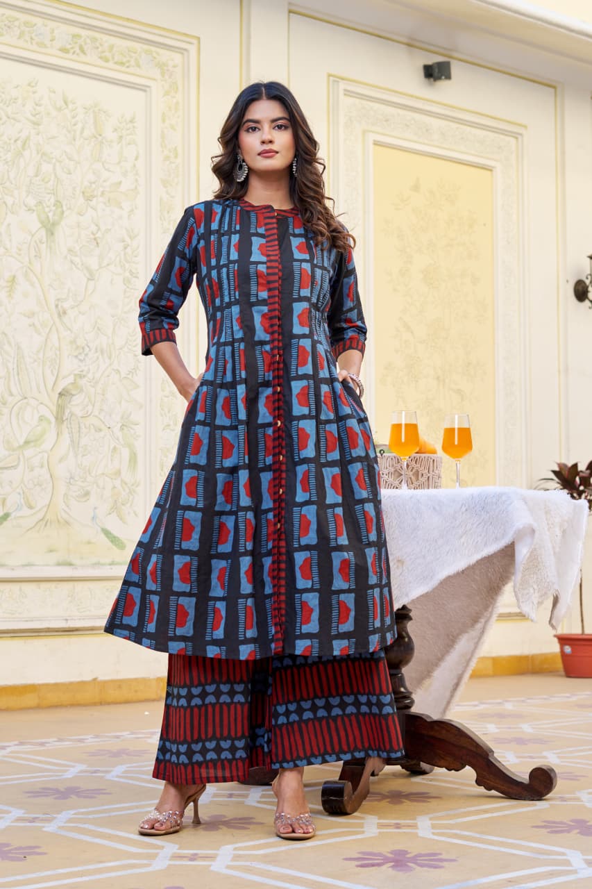 Blue Indigo Cotton Kurta Palazzo Set with Round Neck & 3/4 Sleeves