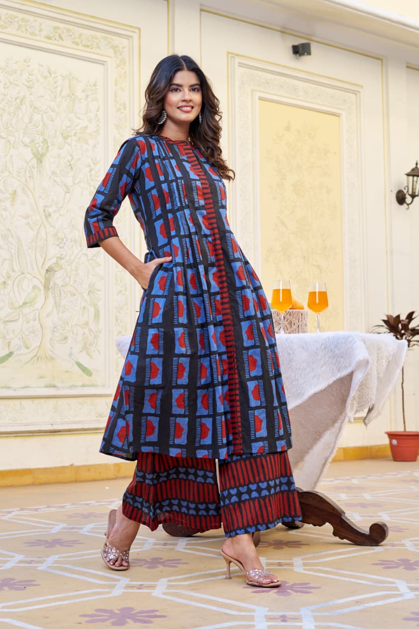 Blue Indigo Cotton Kurta Palazzo Set with Round Neck & 3/4 Sleeves