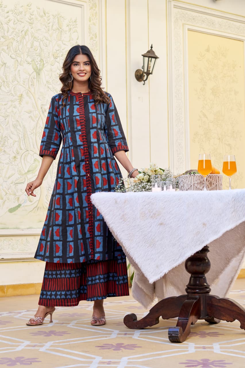 Blue Indigo Cotton Kurta Palazzo Set with Round Neck & 3/4 Sleeves
