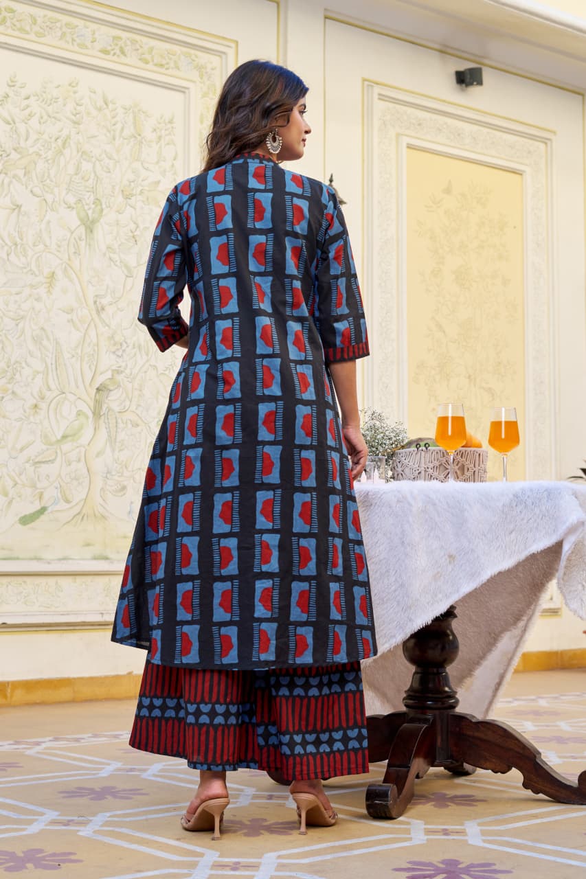 Blue Indigo Cotton Kurta Palazzo Set with Round Neck & 3/4 Sleeves