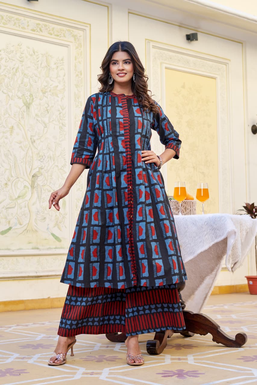 Blue Indigo Cotton Kurta with Plazo Set – 3/4 Sleeves