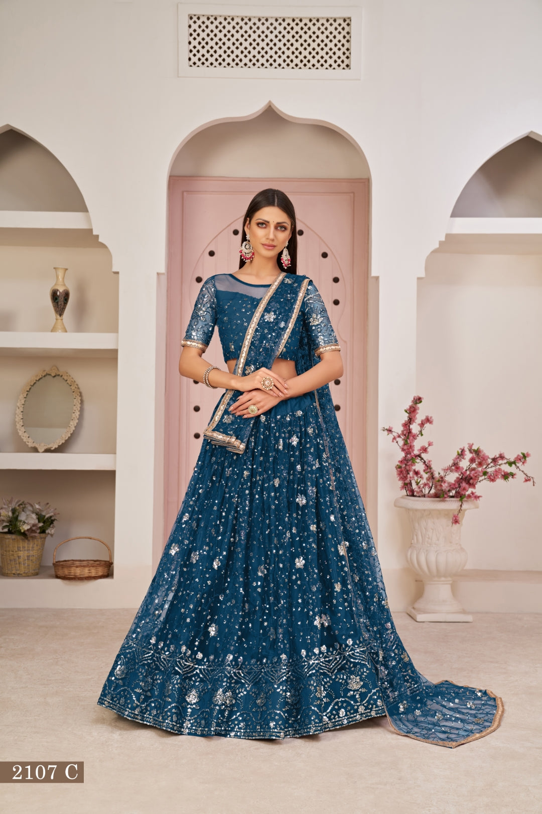 Blue Luxurious Butterfly Net Lehenga with All-Over Embroidery