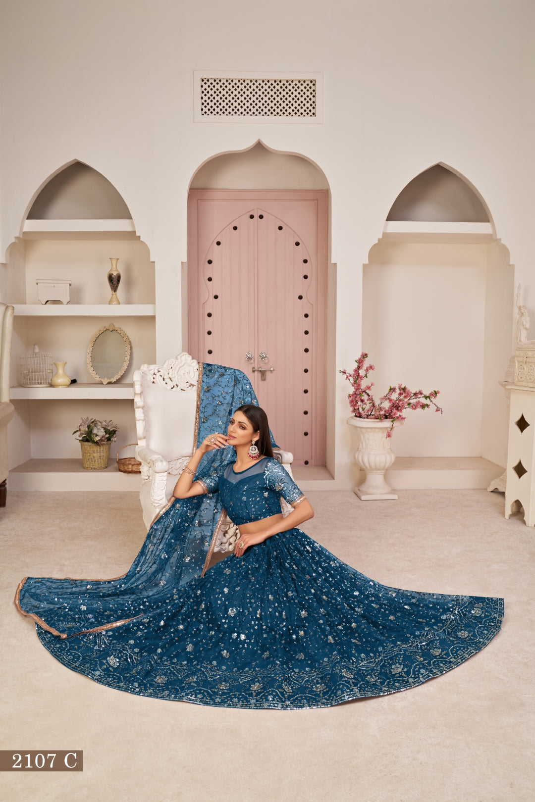 Blue Luxurious Butterfly Net Lehenga with All-Over Embroidery