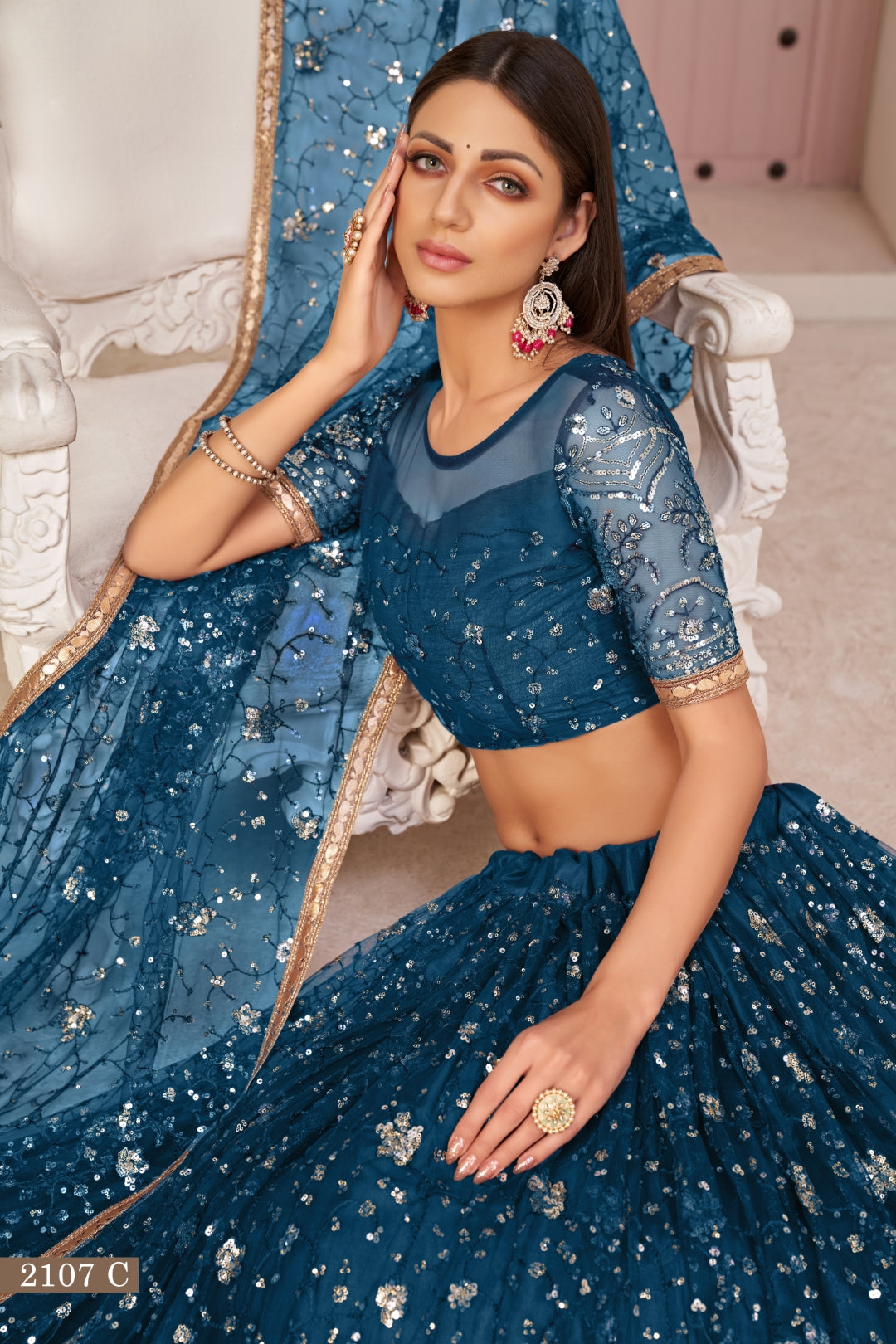 Blue Luxurious Butterfly Net Lehenga with All-Over Embroidery