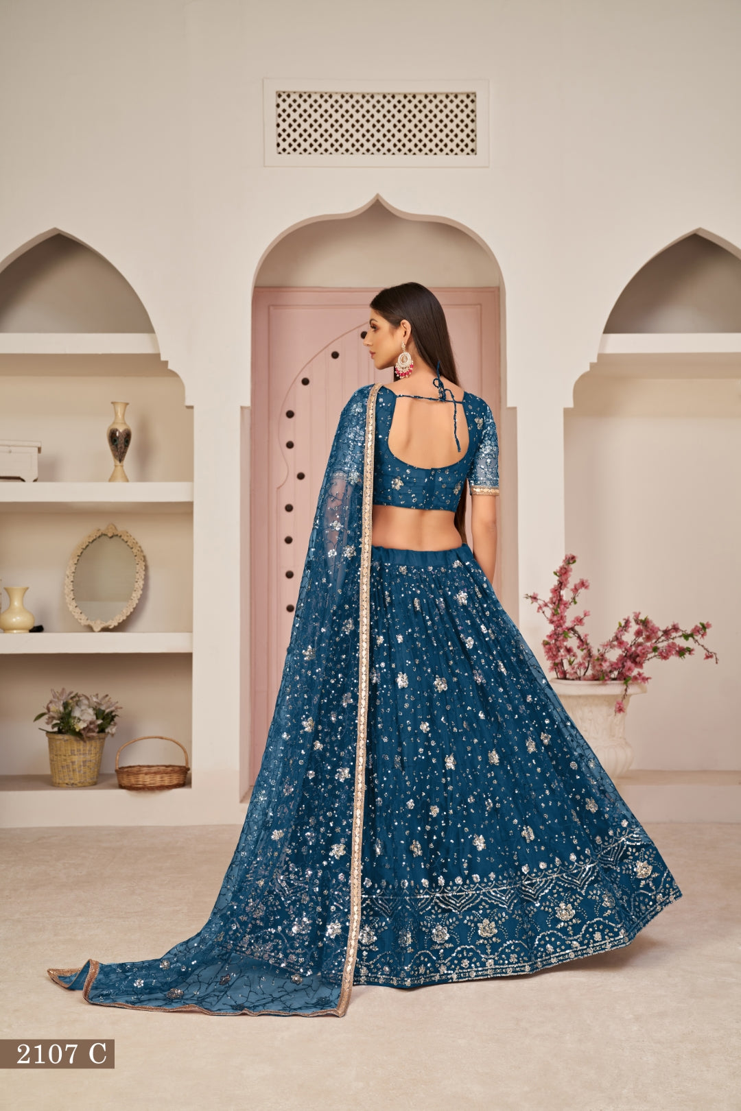 Blue Luxurious Butterfly Net Lehenga with All-Over Embroidery