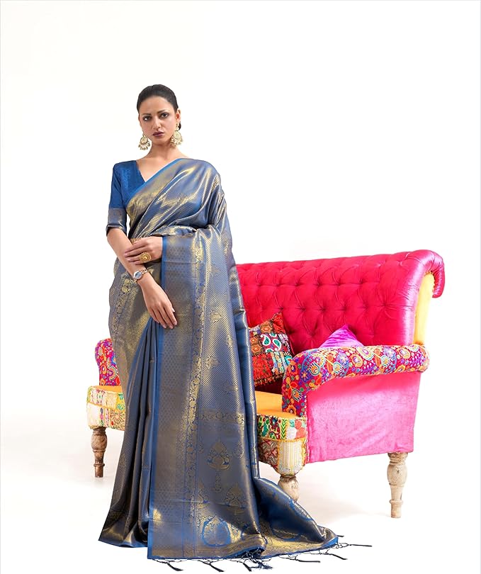 Blue Luxurious Silk Jacquard Saree with Blouse Piece – Perfect for Festivals