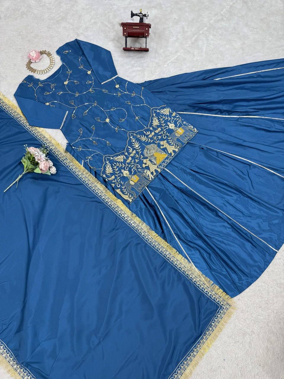 Blue Natural Crepe Silk Lehenga Set with Bead & Sequin Detailing