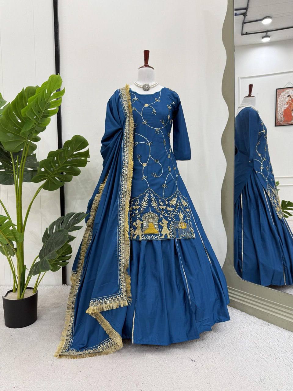 Blue Natural Crepe Silk Lehenga Set with Bead & Sequin Detailing
