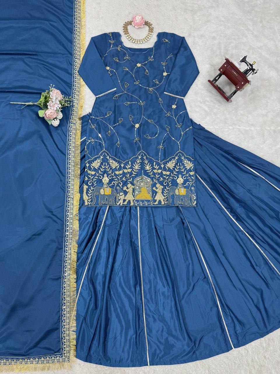 Blue Natural Crepe Silk Lehenga Set with Bead & Sequin Detailing
