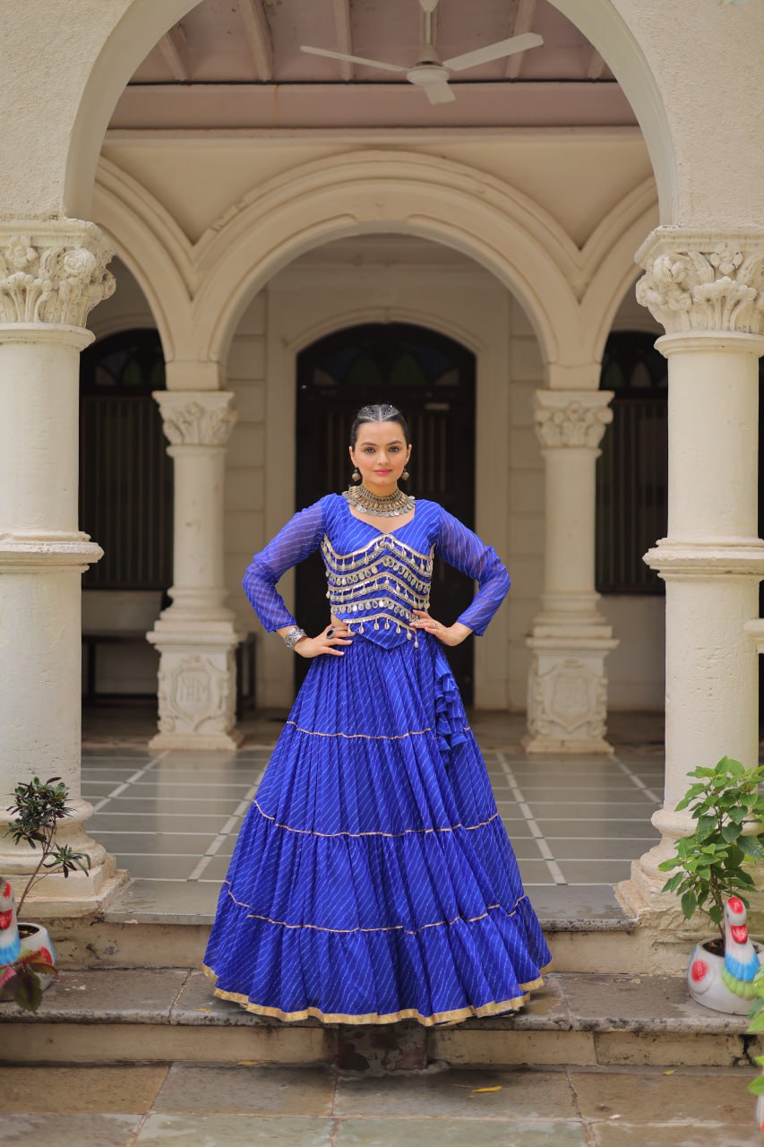 Blue Navratri Special Leheriya Print Lehenga Choli with 12 Mtr Flair & Mirror Lace Work