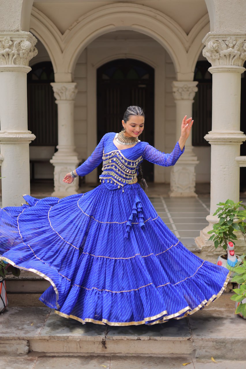 Blue Navratri Special Leheriya Print Lehenga Choli with 12 Mtr Flair & Mirror Lace Work