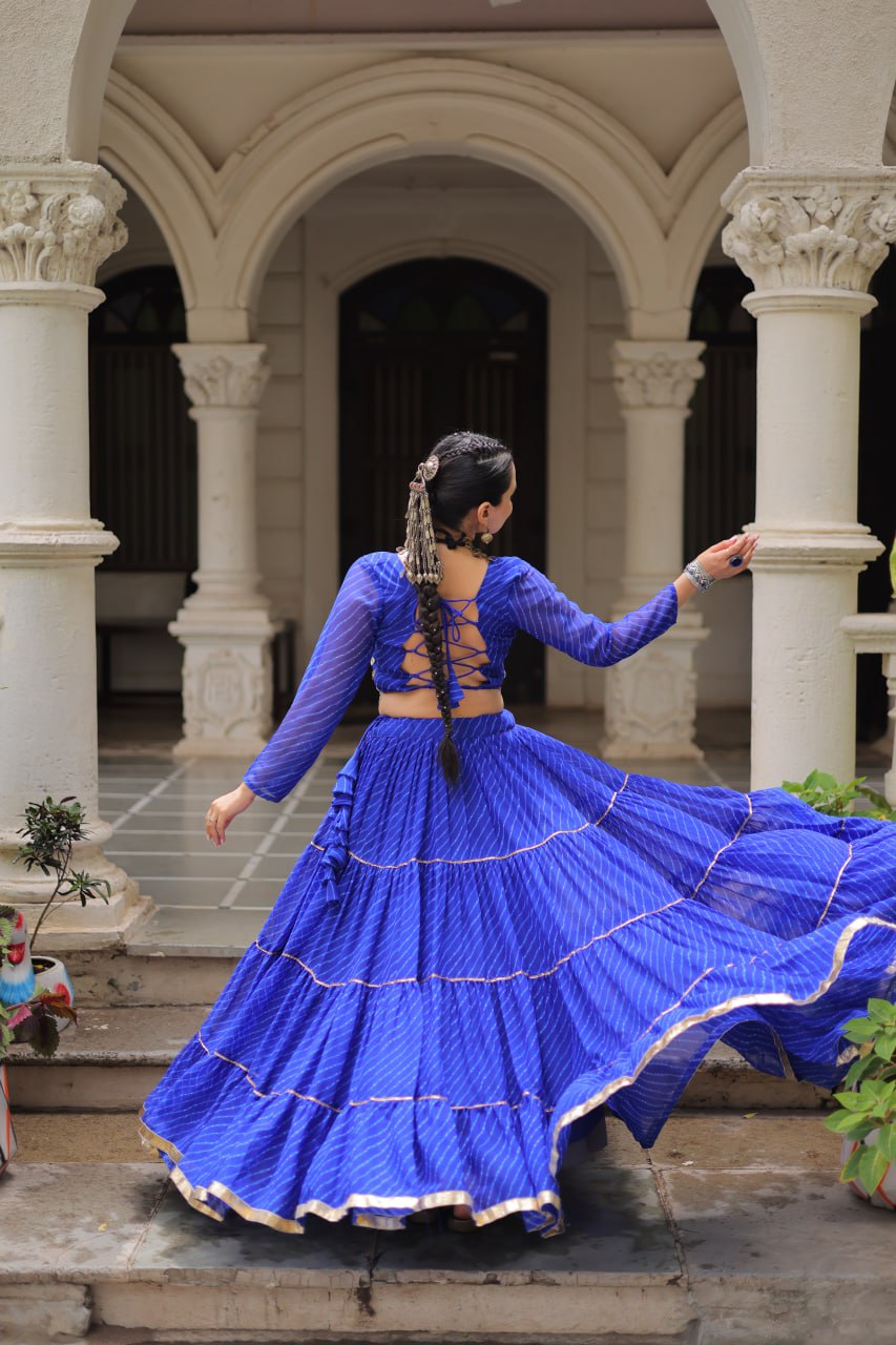 Blue Navratri Special Leheriya Print Lehenga Choli with 12 Mtr Flair & Mirror Lace Work