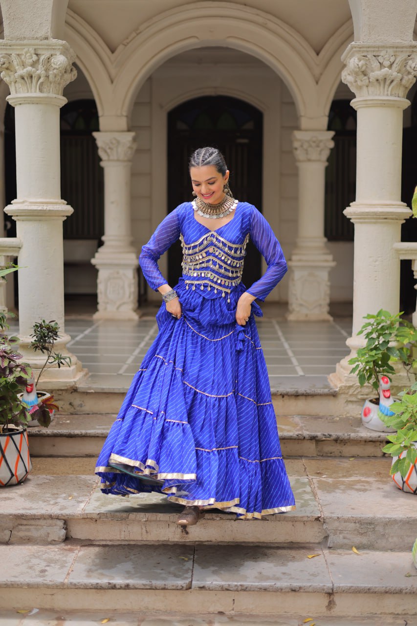 Blue Navratri Special Leheriya Print Lehenga Choli with 12 Mtr Flair & Mirror Lace Work