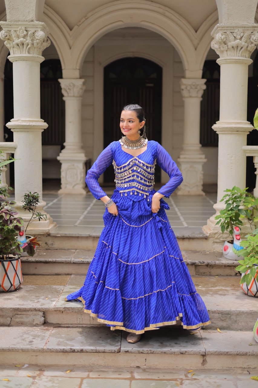 Blue Navratri Special Leheriya Print Lehenga Choli with 12 Mtr Flair & Mirror Lace Work