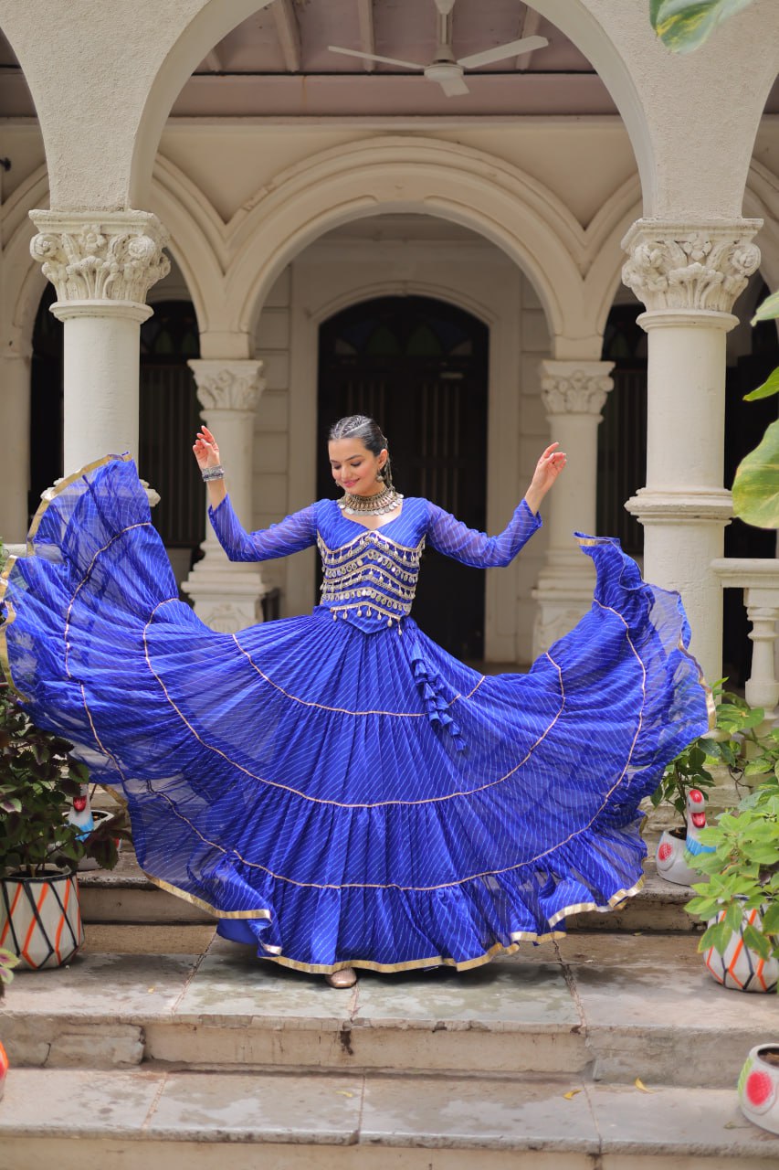 Blue Navratri Special Leheriya Print Lehenga Choli with 12 Mtr Flair & Mirror Lace Work