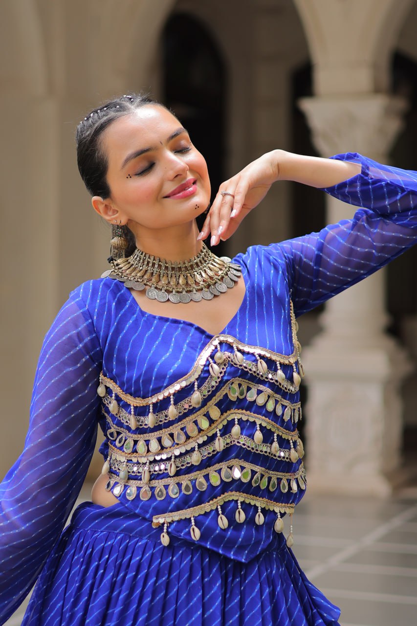 Blue Navratri Special Leheriya Print Lehenga Choli with 12 Mtr Flair & Mirror Lace Work