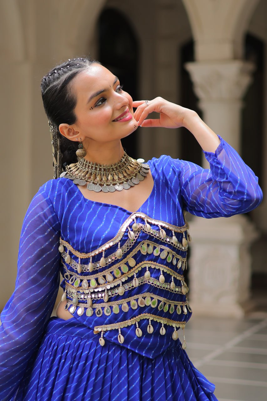 Blue Navratri Special Leheriya Print Lehenga Choli with 12 Mtr Flair & Mirror Lace Work