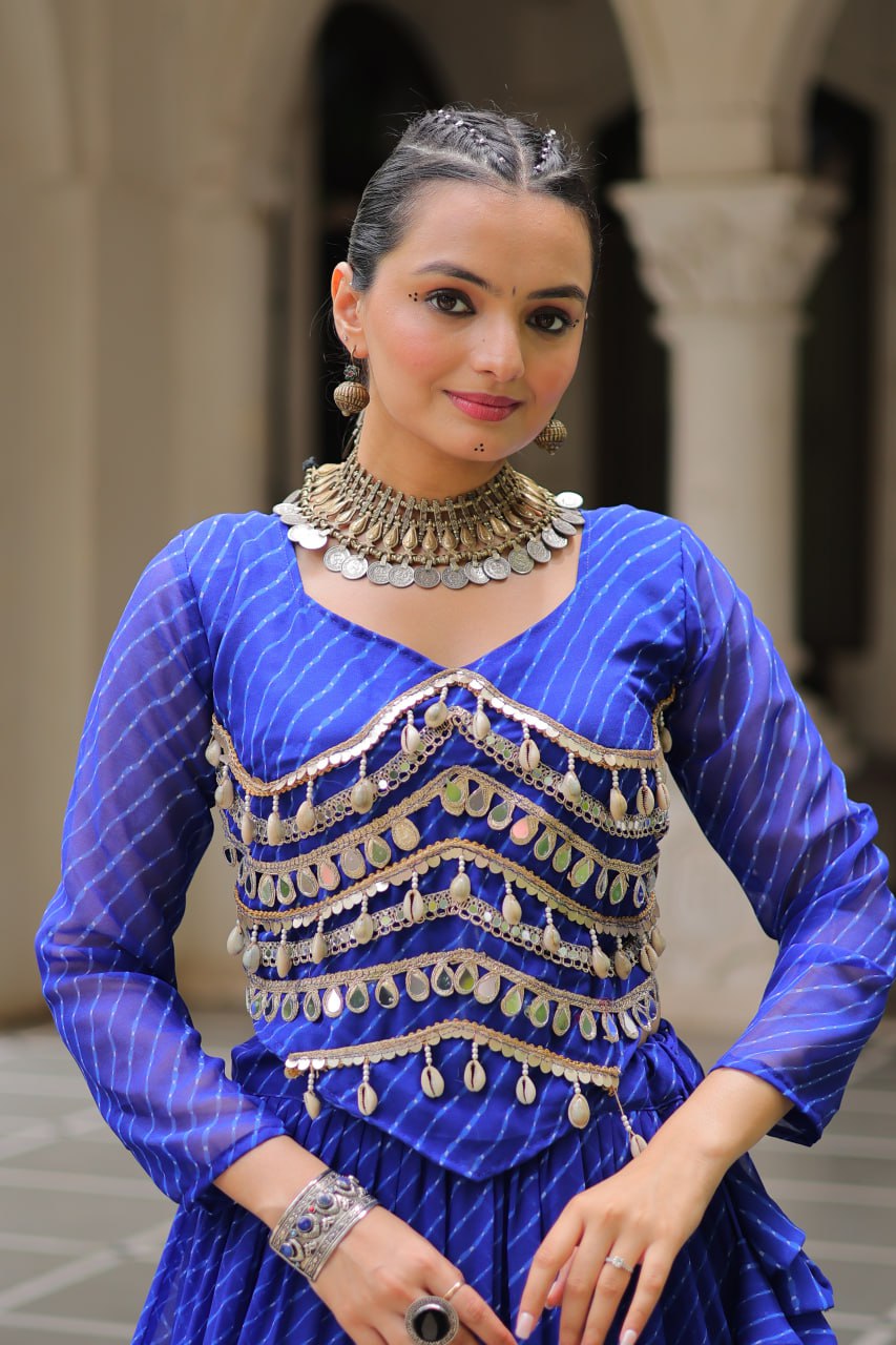 Blue Navratri Special Leheriya Print Lehenga Choli with 12 Mtr Flair & Mirror Lace Work