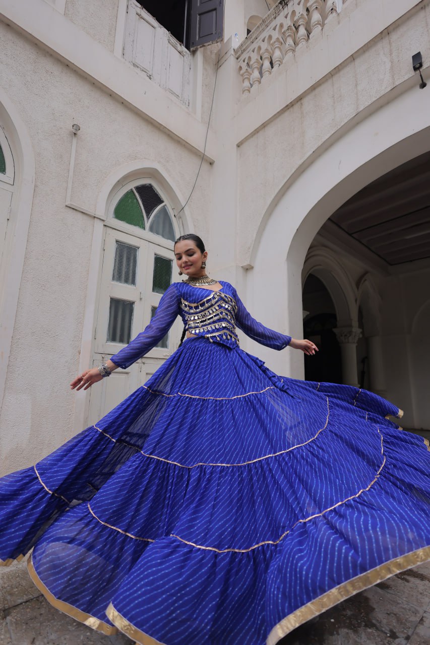 Blue Navratri Special Leheriya Print Lehenga Choli with 12 Mtr Flair & Mirror Lace Work