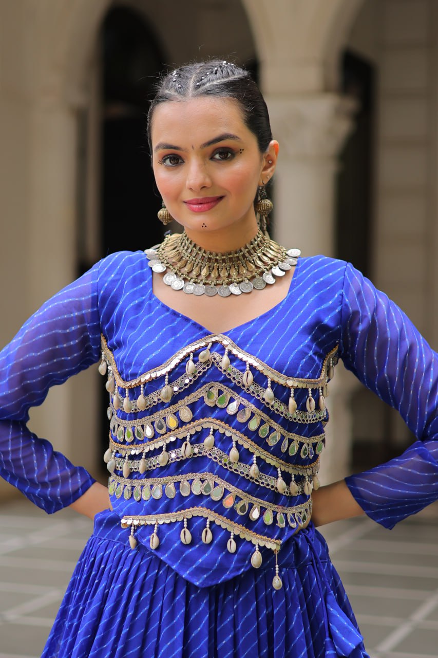 Blue Navratri Special Leheriya Print Lehenga Choli with 12 Mtr Flair & Mirror Lace Work